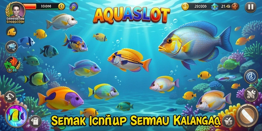 Tampilan gameplay AQUASLOT menampilkan berbagai ikan yang menantang untuk ditembak.