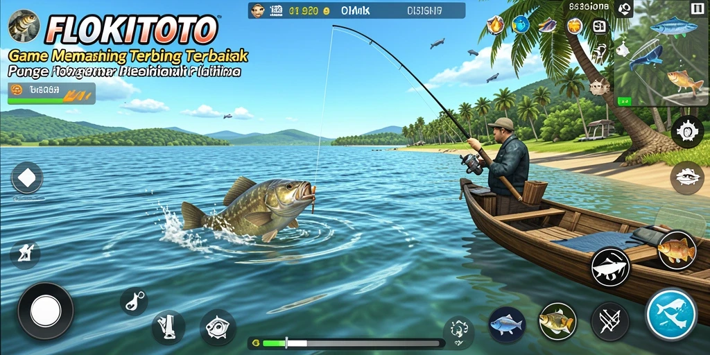 Tampilan gameplay FLOKITOTO dengan berbagai lokasi memancing yang indah.