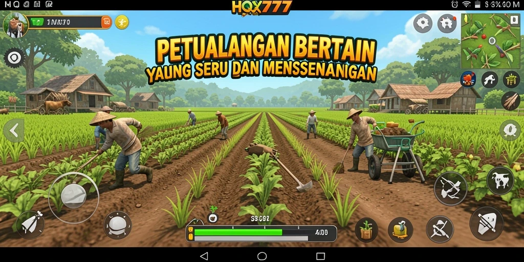 Screenshot menampilkan gameplay seru di ladang dengan berbagai tanaman.
