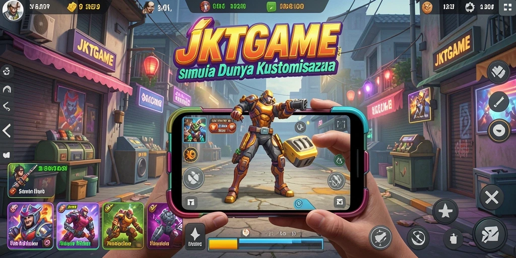 Screenshot utama JKTGAME memperlihatkan karakter kustom dan lingkungan simulasi yang detail.